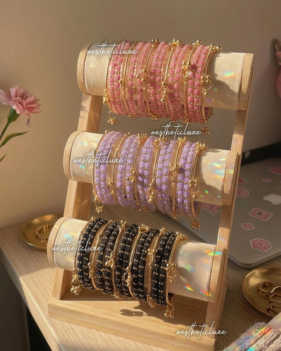 Raindrop Rose Glass and Kashmiri Ghungroo Bangles Sets | Ghungroo Gold Bangles | 3 Set Glass Bridal Churiya | Trending Raindrop Bangles
