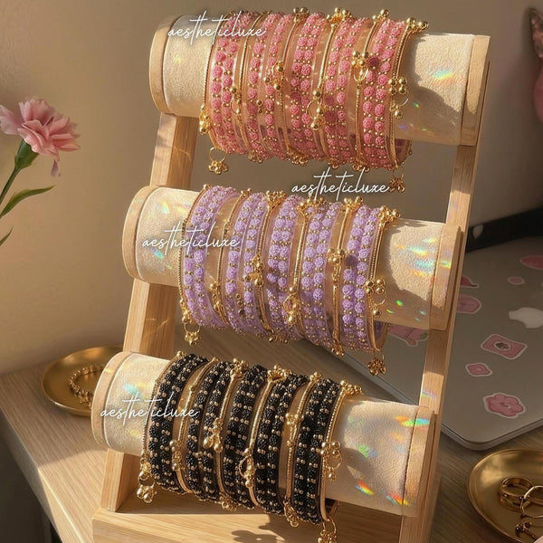Raindrop Rose Glass and Kashmiri Ghungroo Bangles Sets | Ghungroo Gold Bangles | 3 Set Glass Bridal Churiya | Trending Raindrop Bangles