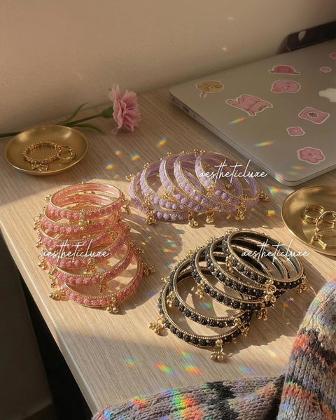 Raindrop Rose Glass and Kashmiri Ghungroo Bangles Sets | Ghungroo Gold Bangles | 3 Set Glass Bridal Churiya | Trending Raindrop Bangles