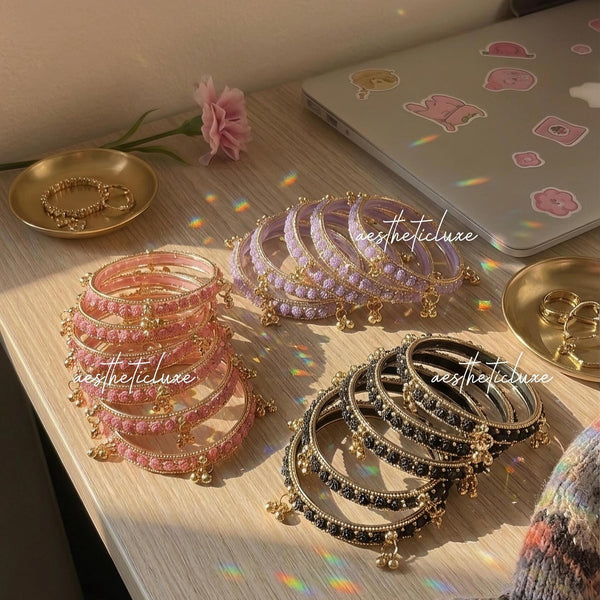Raindrop Rose Glass and Kashmiri Ghungroo Bangles Sets | Ghungroo Gold Bangles | 3 Set Glass Bridal Churiya | Trending Raindrop Bangles