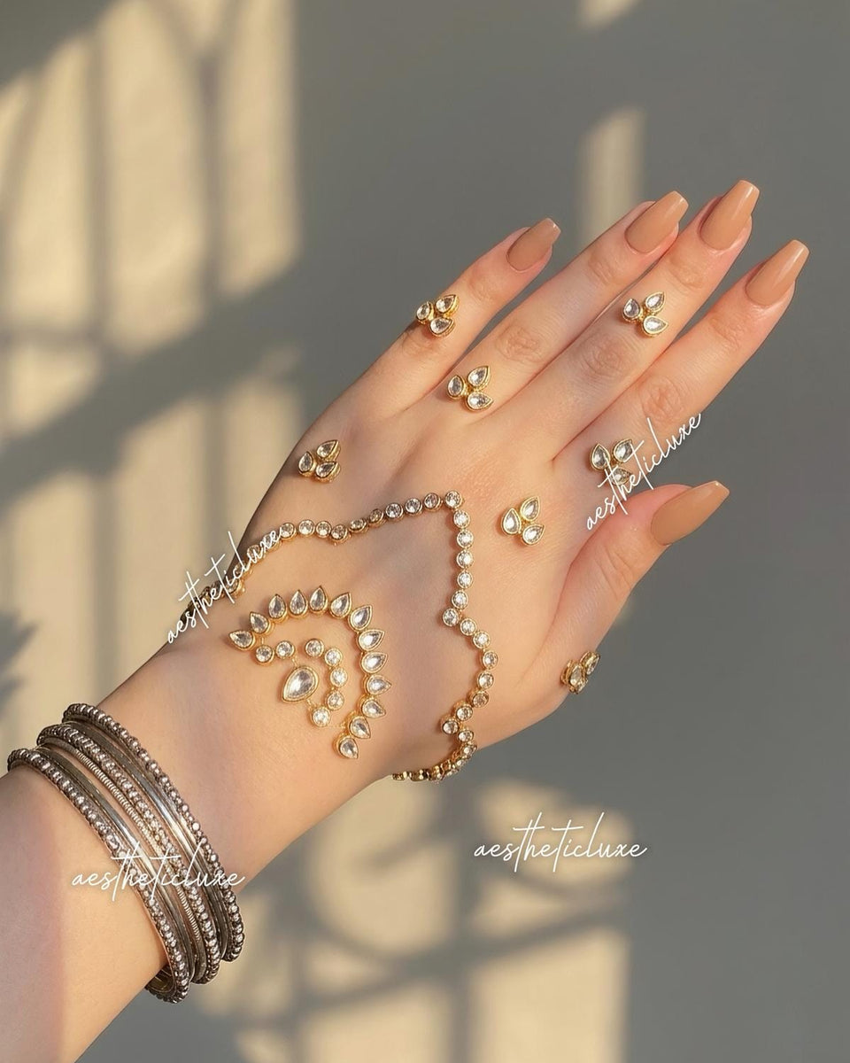 Kundan Mehndi Hand Sticker | Reusable Indian Pakistani Bridal Hand Jewelry for Mehndi, Sangeet & Walima | Henna Mirror Work with Beads Gems
