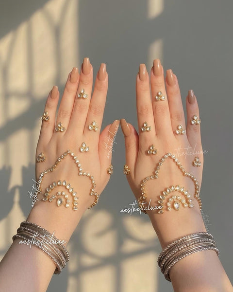 Kundan Mehndi Hand Sticker | Reusable Indian Pakistani Bridal Hand Jewelry for Mehndi, Sangeet & Walima | Henna Mirror Work with Beads Gems