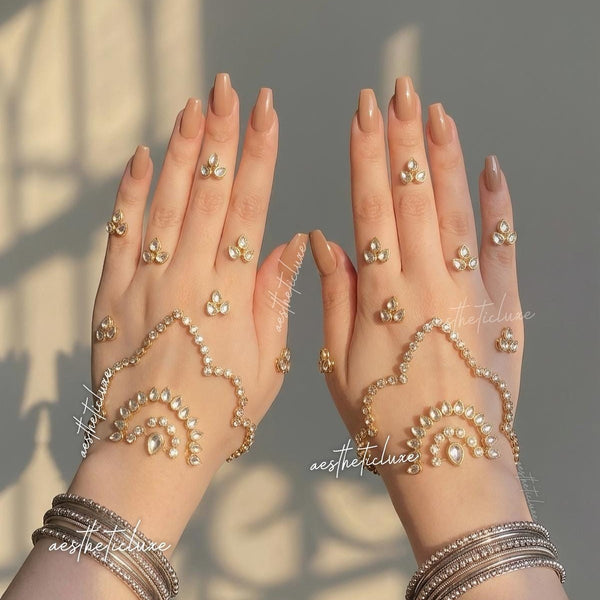 Kundan Mehndi Hand Sticker | Reusable Indian Pakistani Bridal Hand Jewelry for Mehndi, Sangeet & Walima | Henna Mirror Work with Beads Gems