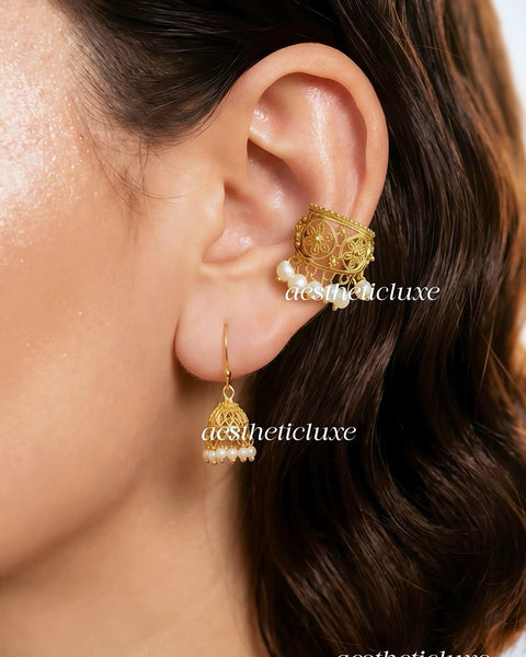 Marathi Bugadi Earcuffs | Gold Plated Pearl Bugadi Earrings | Temple Earrings | Indian wire earrings | No Piercing Ear Cuffs