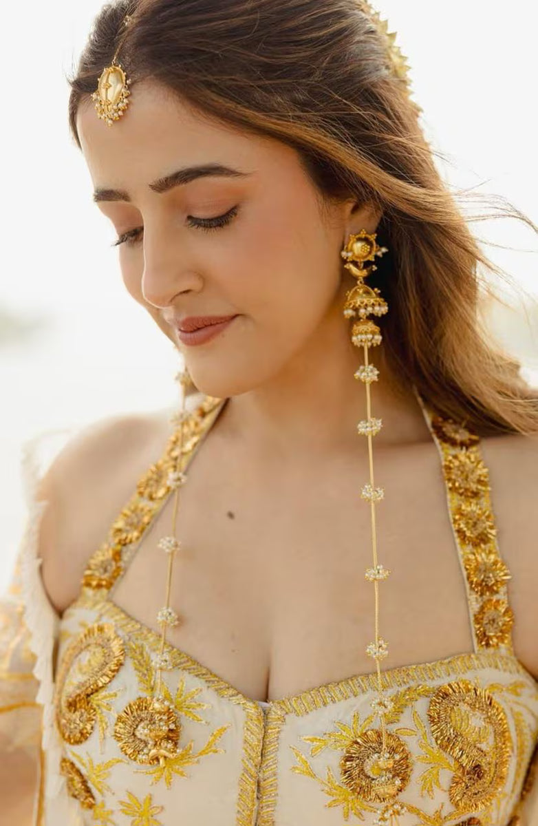 Gold Plated Pearl Maang Tikka | Celebrity Inspired Bridal Pearl Tikka | Indian Wedding Jewelry | Pearl Headpiece | Minimal Bridal Accessory